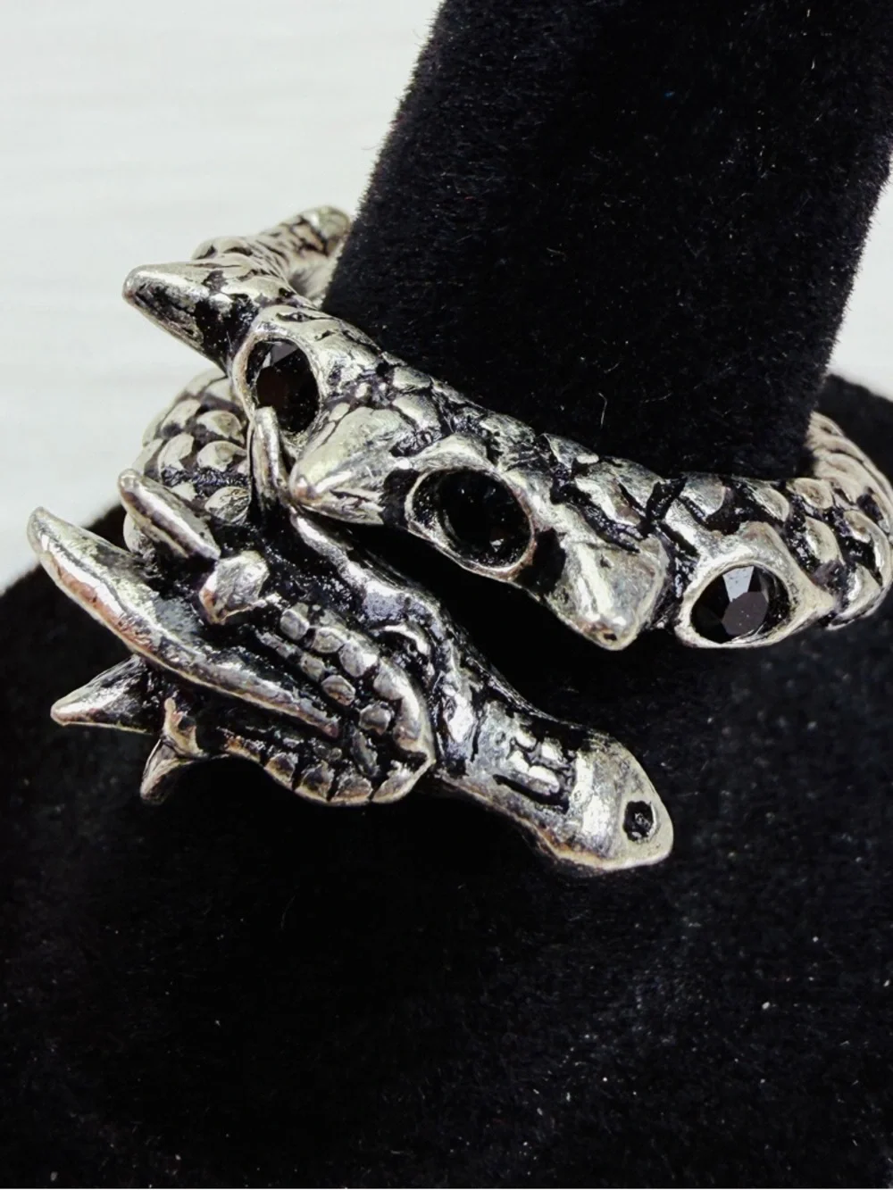 Beautiful silvertone, black bling, dragon coil costume ring